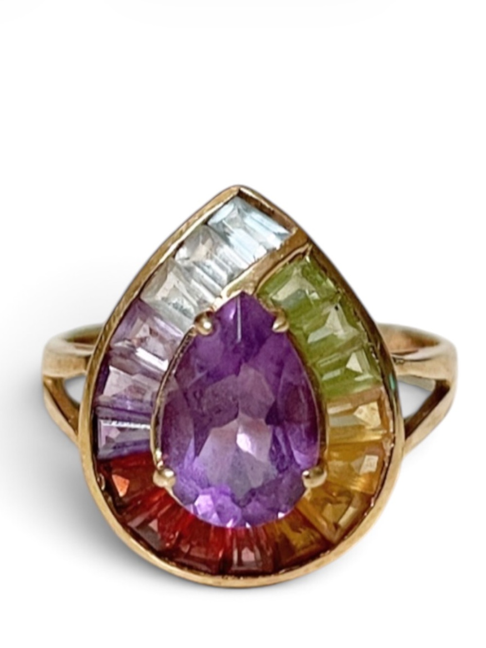 Vintage Estate 14K Gold Pear Amethyst Rainbow Halo Ring Sz 6.25